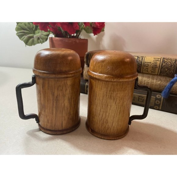 Vintage Mid Century Modern Chunky Wood Salt & Pepper Shakers with Iron Handles - Picture 6 of 9